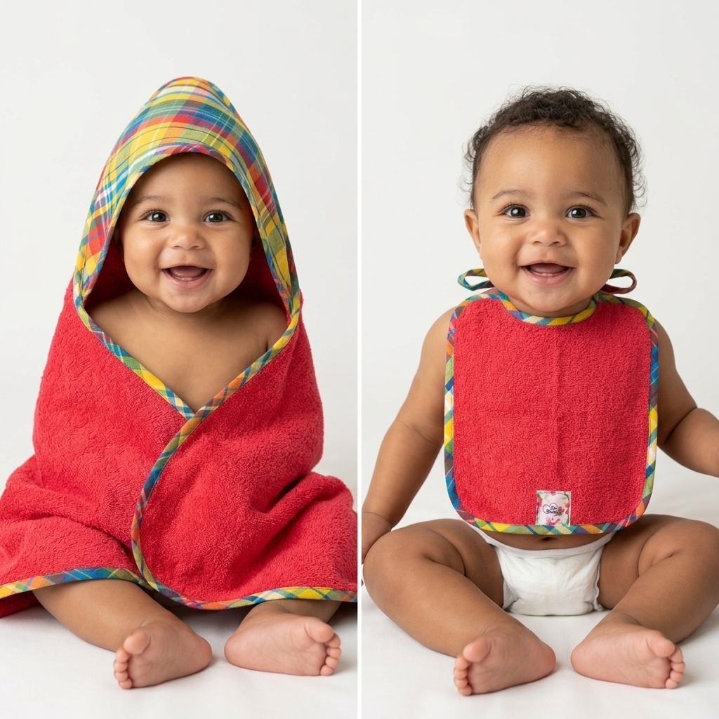 Bébé enveloppé dans une cape de bain rouge madras Ti Doudou Box