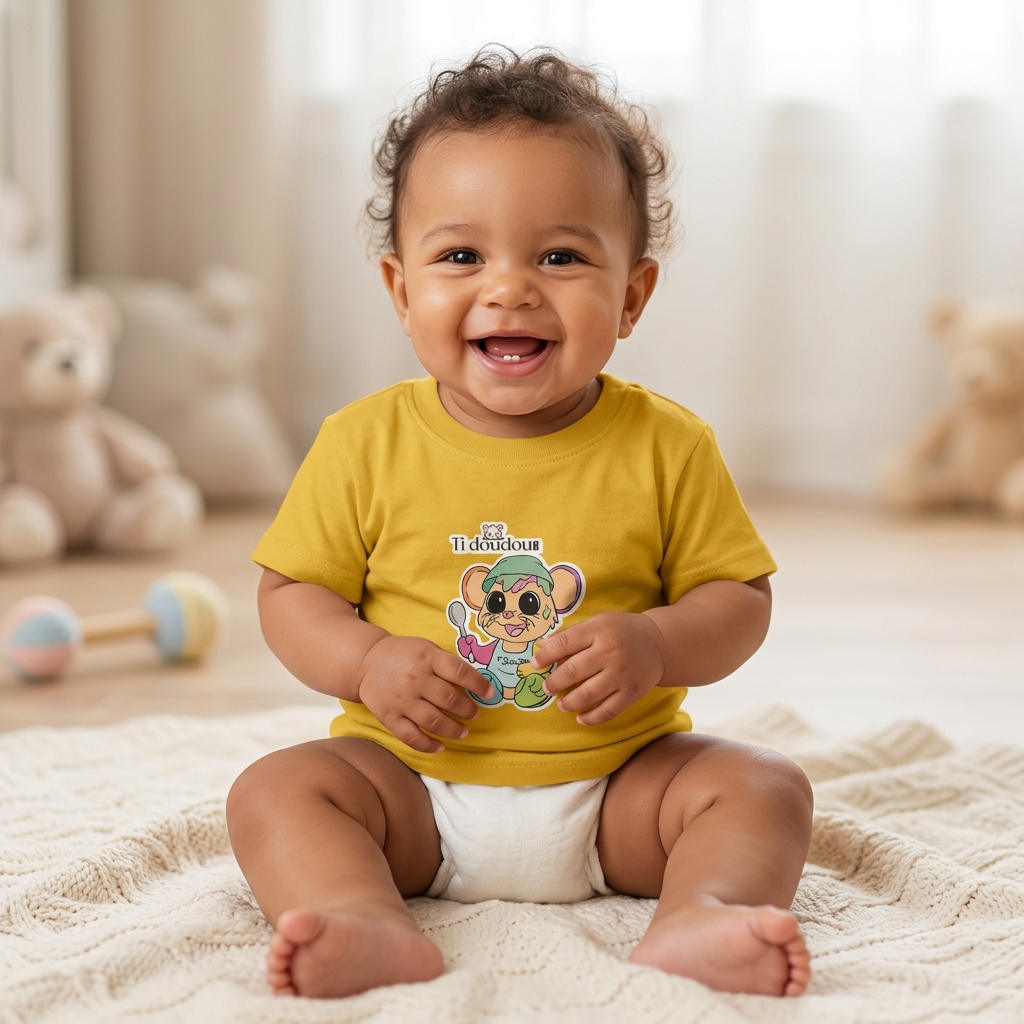 Bébé portant un T-shirt jaune Ti Doudou Box